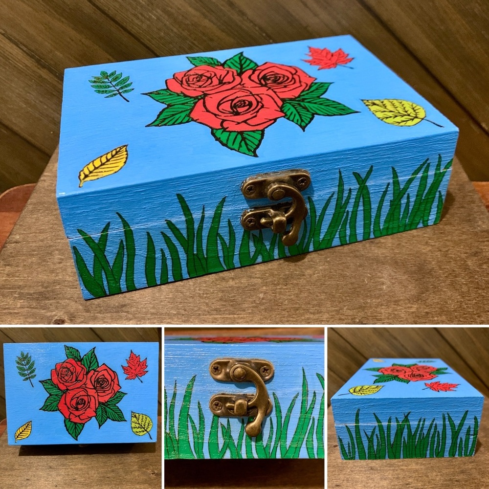 Blooming Rose Blue Wooden Box